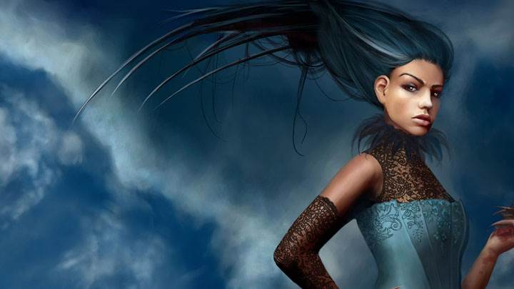 3d Girl In Blue Dress And Blue Background